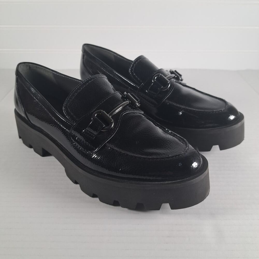 Franco Sarto Bergamot Bit Loafers Shoes Womens 8.5 Black Patent Slip On Lug Sole